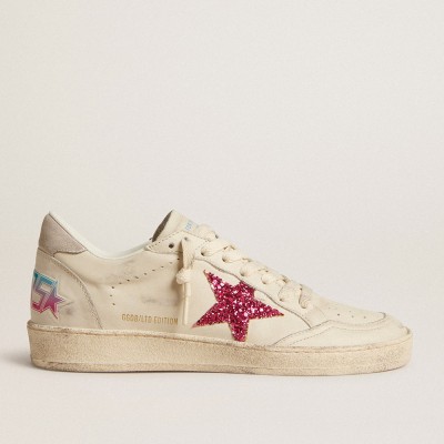 Golden Goose Ball Star Sneakers LTD With Fuchsia Glitter Star And Light Gray Suede Heel Tab