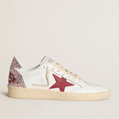 Golden Goose Ball Star Sneakers LTD With Red Leather Star And Pink Glitter Heel Tab