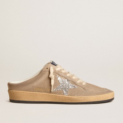 Golden Goose Ball Star Sneakers Sabots In Dove-gray Suede With Silver Glitter Star