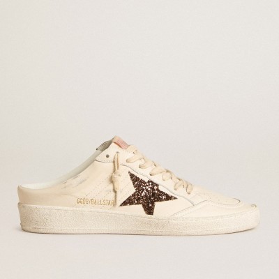 Golden Goose Ball Star Sneakers Sabots In Ivory Nappa With Bronze Glitter Star