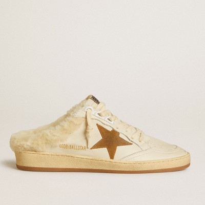 Golden Goose Ball Star Sneakers Sabots In Leather With Suede Star And Beige Shearling Lining