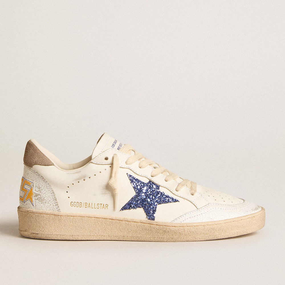 Golden Goose Ball Star Sneakers With Blue Glitter Star And Dove-gray Suede Heel Tab