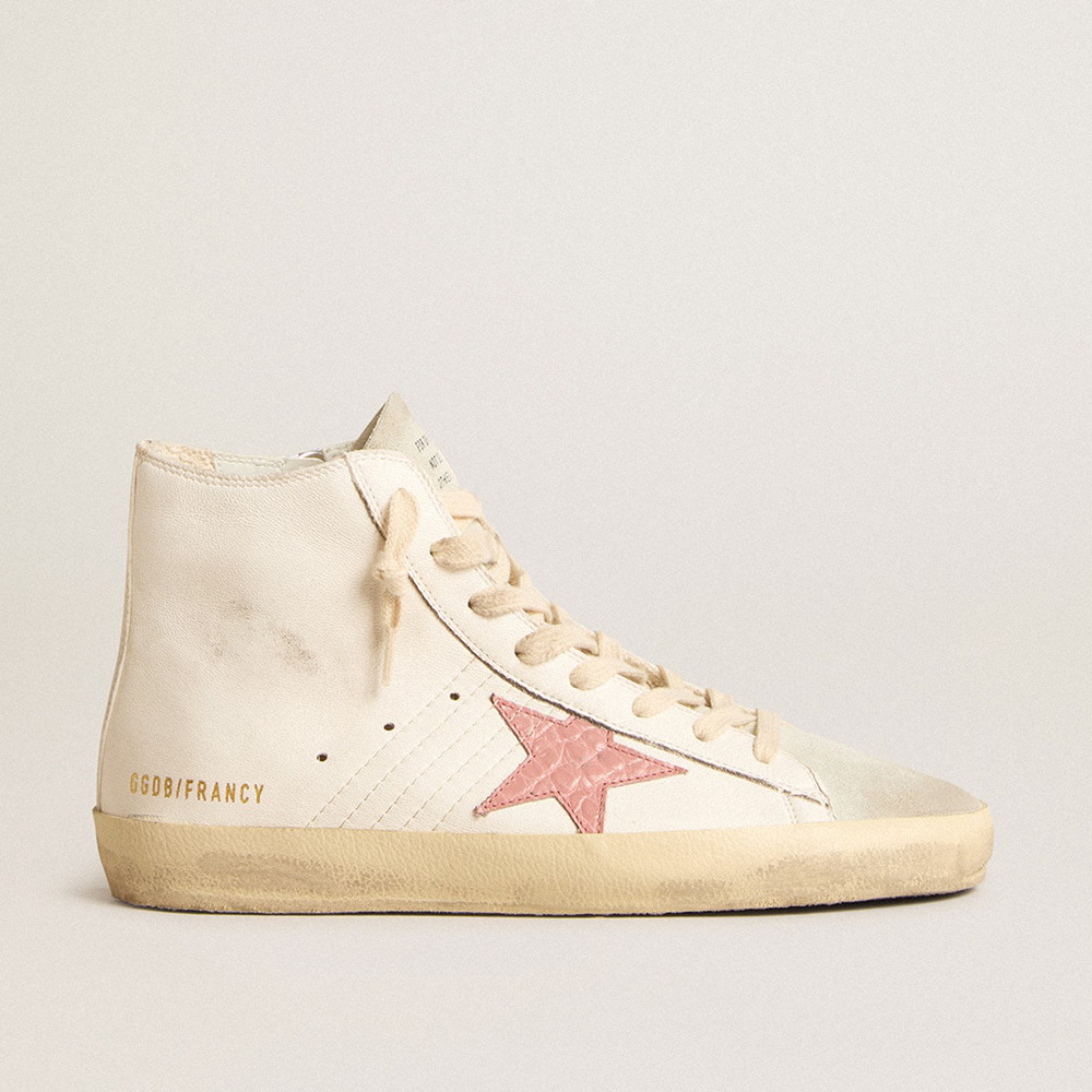 Golden Goose Francy Sneakers In Cream Nappa With Pink Crocodile-print Leather Star