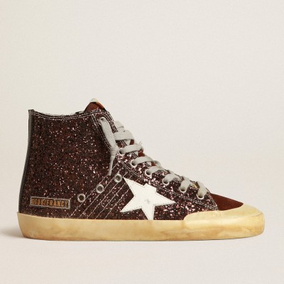 Golden Goose Francy Sneakers Penstar In Brown Glitter With White Leather Star