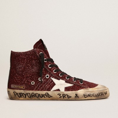 Golden Goose Francy Sneakers Penstar In Burgundy Glitter With White Leather Star