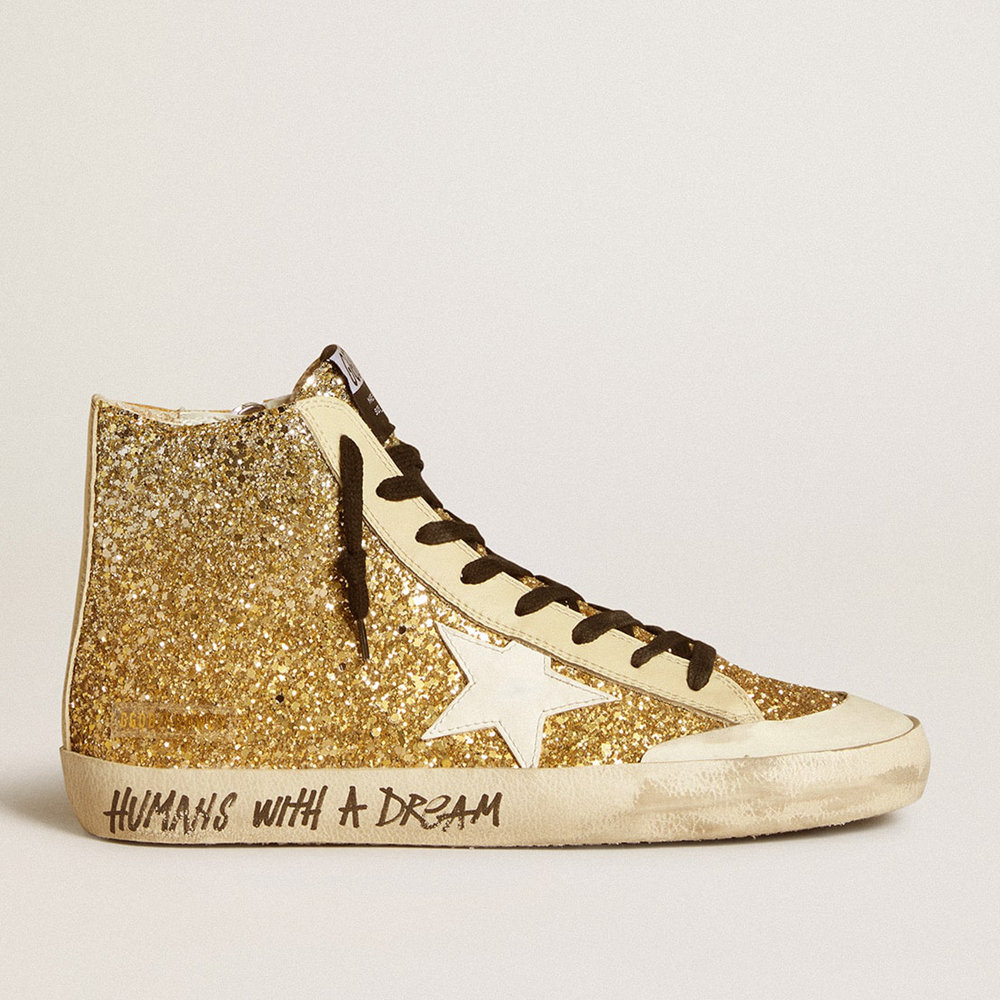 Golden Goose Francy Sneakers Penstar In Gold Glitter With White Leather Star