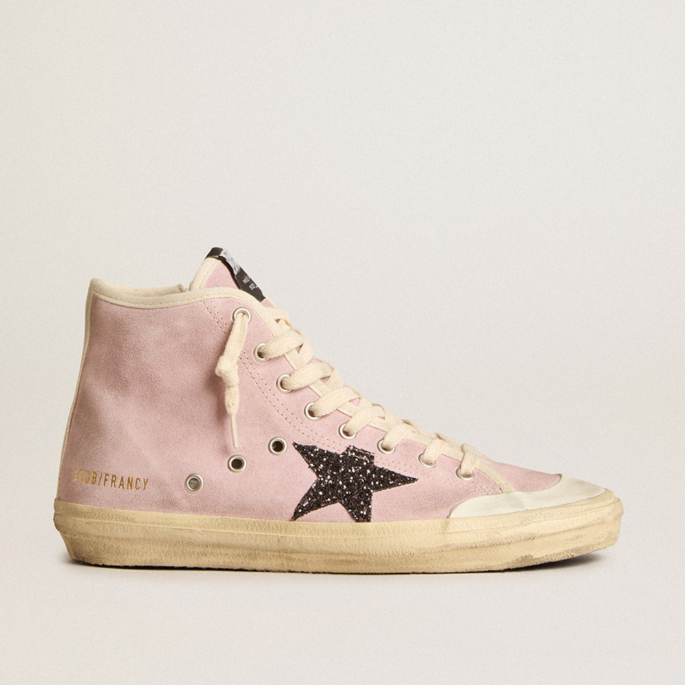 Golden Goose Francy Sneakers Penstar In Pink Suede With Gray Glitter Star