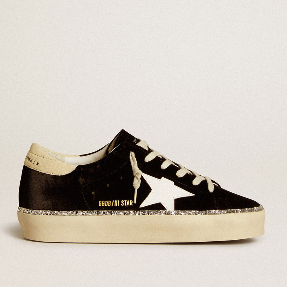 Golden Goose Hi Star Sneakers In Black Velvet With White Leather Star And Suede Heel Tab