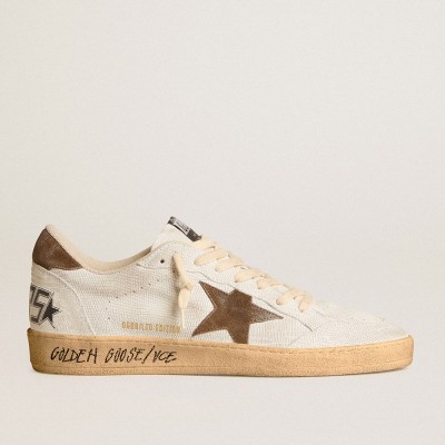 Golden Goose Ball Star Sneakers In White Nubuck Leather With Brown Suede Star And Heel Tab