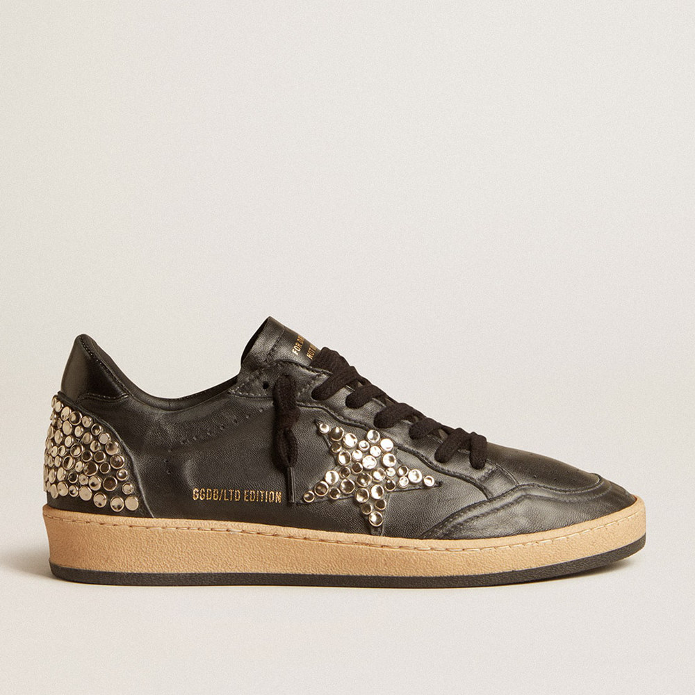 Golden Goose Ball Star Sneakers LAB In Black Nappa With Studded Black Leather Star