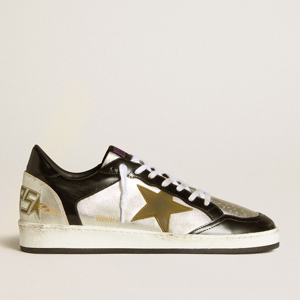 Golden Goose Ball Star Sneakers LAB In Silver Leather With Brown Leather Star And Black Heel Tab