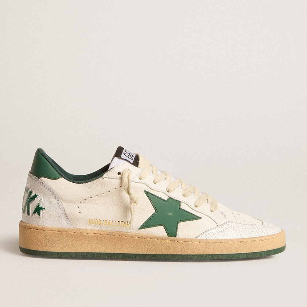 Golden Goose Ball Star Sneakers Wishes In White Nappa Leather With Green Leather Star And Heel Tab