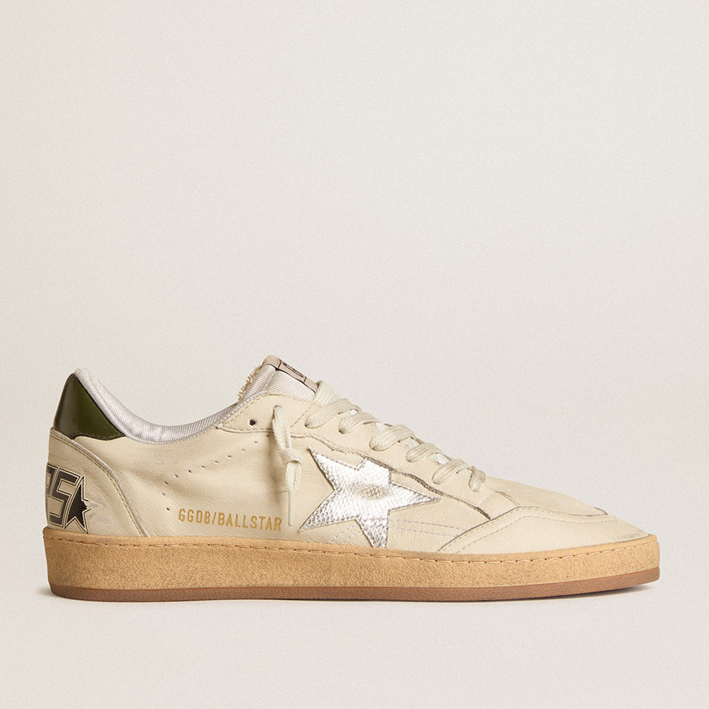 Golden Goose Ball Star Sneakers With Silver Leather Star And Green Leather Heel Tab