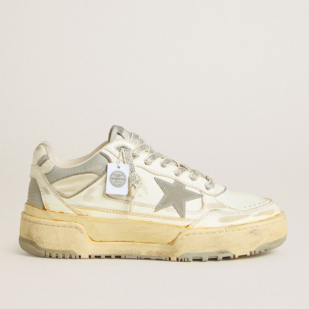 Golden Goose Forty2 Sneakers In White Leather With Laces With Swarovski Crystals And Gray Star