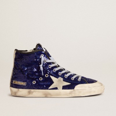 Golden Goose Francy Sneakers Penstar In Blue Sequins With Ice-gray Suede Star