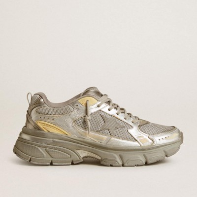 Golden Goose Lightstar Sneakers In Metallic Leather And Silver Mesh With Gray Star