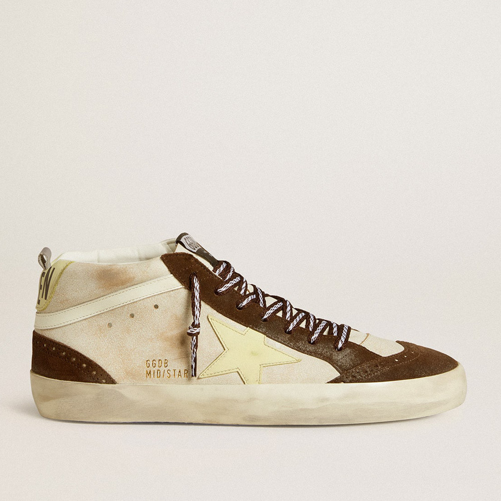 Golden Goose Mid Star Sneakers In Beige Glitter With Yellow Suede Star And Cotton Flash