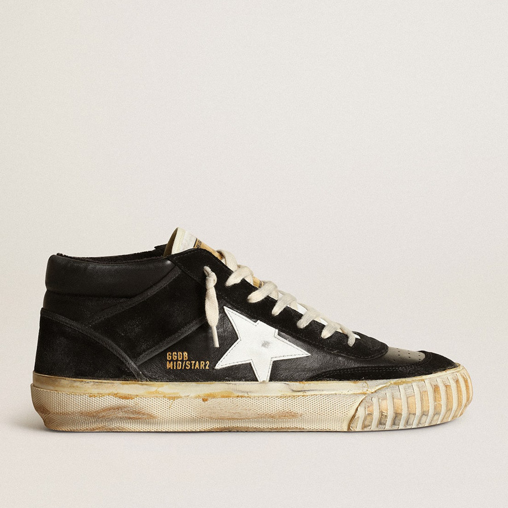 Golden Goose Mid Star Sneakers In Black Nappa And Suede With White Leather Star