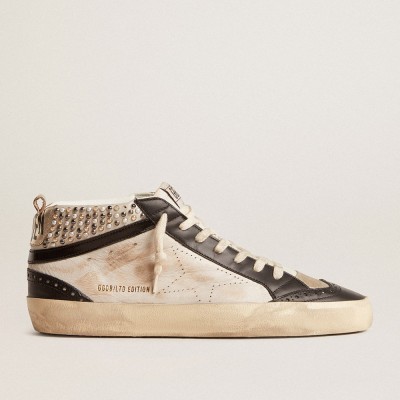 Golden Goose Mid Star Sneakers LTD In Black And White Leather With Pearls And Perforated Star