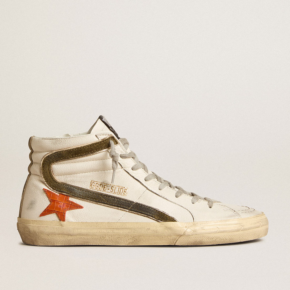 Golden Goose Nappa Leather Slide Sneakers With Orange Croc-print Star And Green Suede Flash