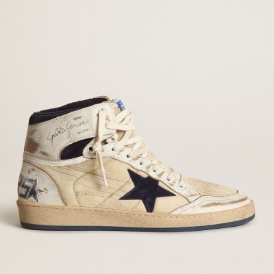 Golden Goose Sky-Star Sneakers In Cream-colored Nylon And Leather With Blue Suede Star