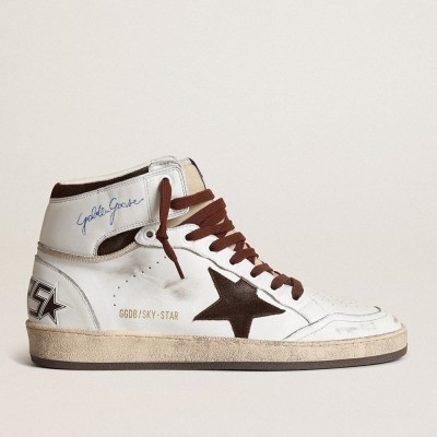 Golden Goose Sky-Star Sneakers In White Nappa Leather With A Chocolate Suede Star