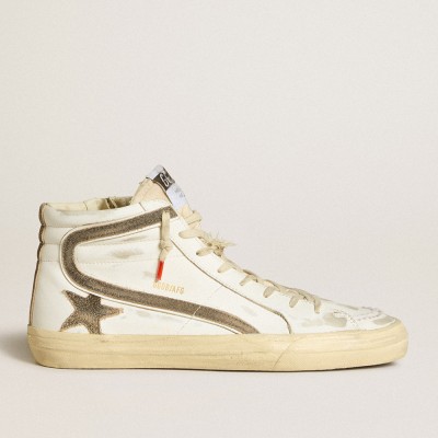 Golden Goose Slide Sneakers LAB In White Leather With Star And Flash In Brown Suede