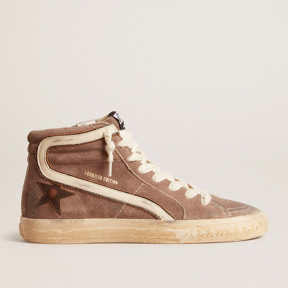 Golden Goose Slide Sneakers LTD In Brown Suede With Leather Star And Flash