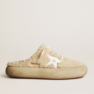 Golden Goose Space-Star Sneakers Sabots In Beige Shearling With White Leather Star