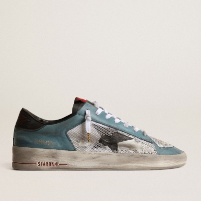 Golden Goose Stardan Sneakers In Distressed Mesh And Petrol-colored Upper