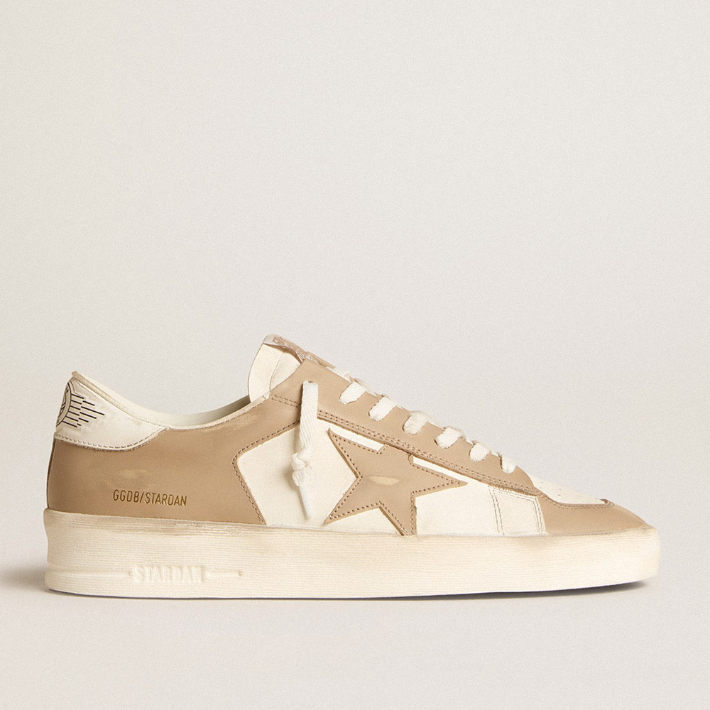 Golden Goose Stardan Sneakers In White And Beige Leather With Beige Star And White Heel Tab