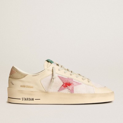 Golden Goose Stardan Sneakers In White Leather And Mesh With Red Star And Sand-colored Heel Tab