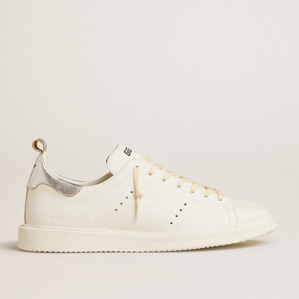 Golden Goose Starter Sneakers In White Leather With Silver Metallic Leather Heel Tab