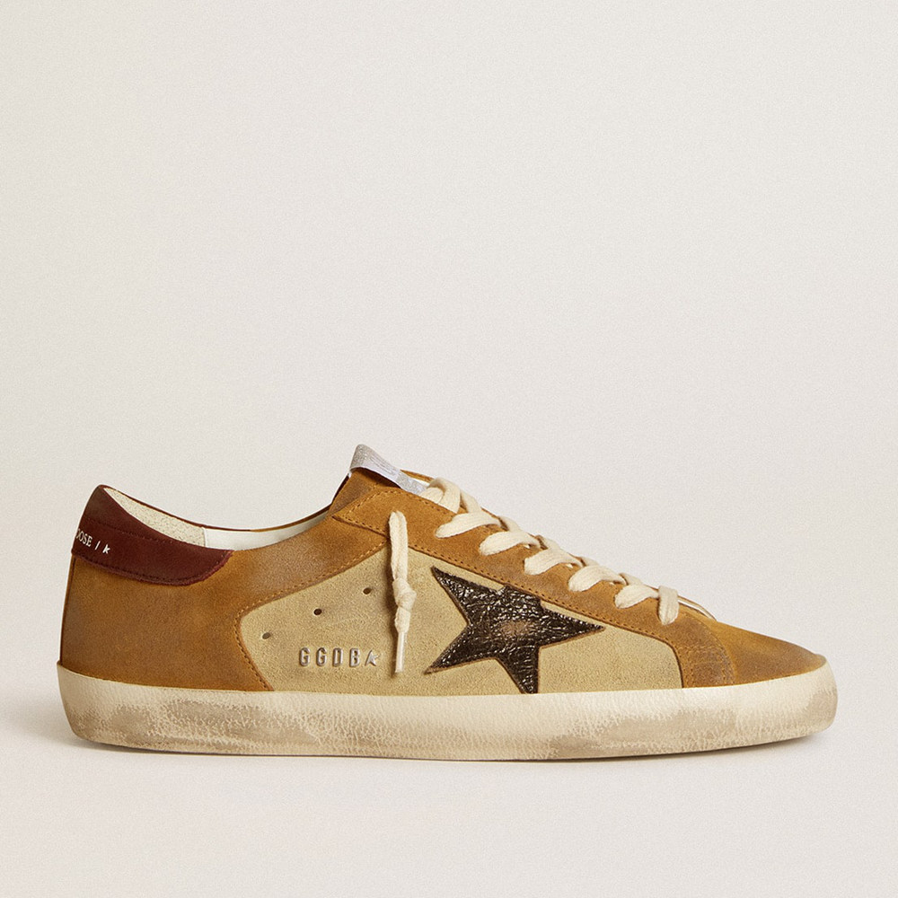 Golden Goose Super-Star Sneakers In Beige And Caramel Suede With Black Crackle Leather Star