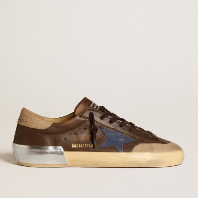 Golden Goose Super-Star Sneakers In Leather With Blue Leather Star And Beige Nubuck Heel Tab