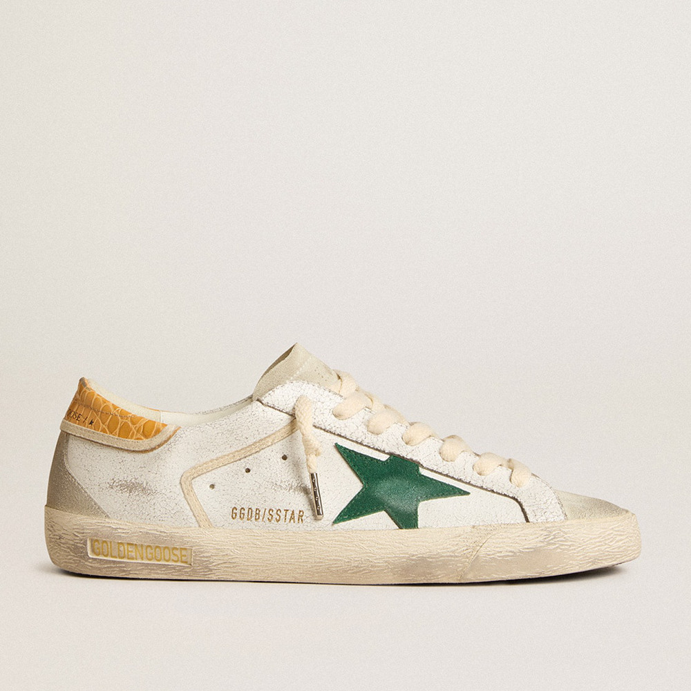 Golden Goose Super-Star Sneakers With Green Suede Star And Yellow Croc-print Leather Heel Tab