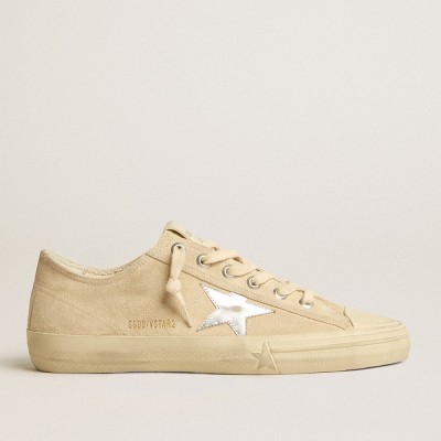 Golden Goose V-Star Sneakers In Pearl Suede With Silver Metallic Leather Star