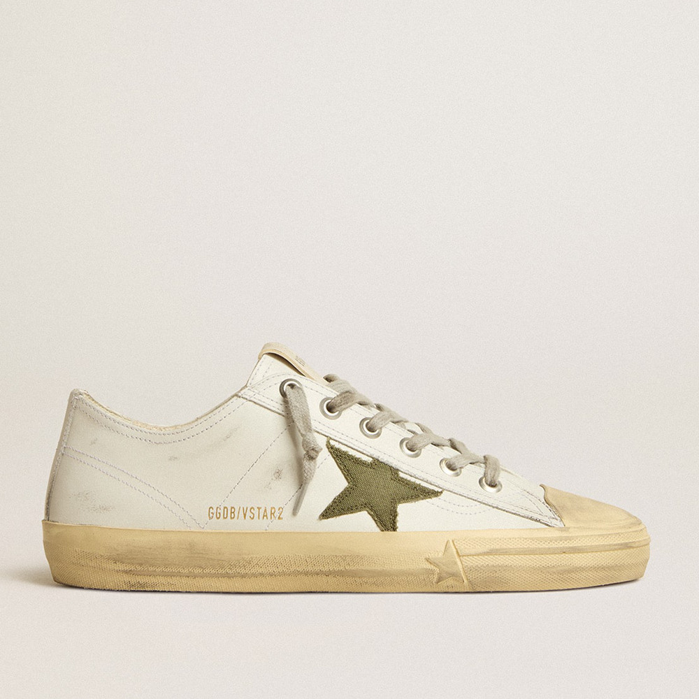 Golden Goose V-Star Sneakers In White Leather With Green Canvas Star