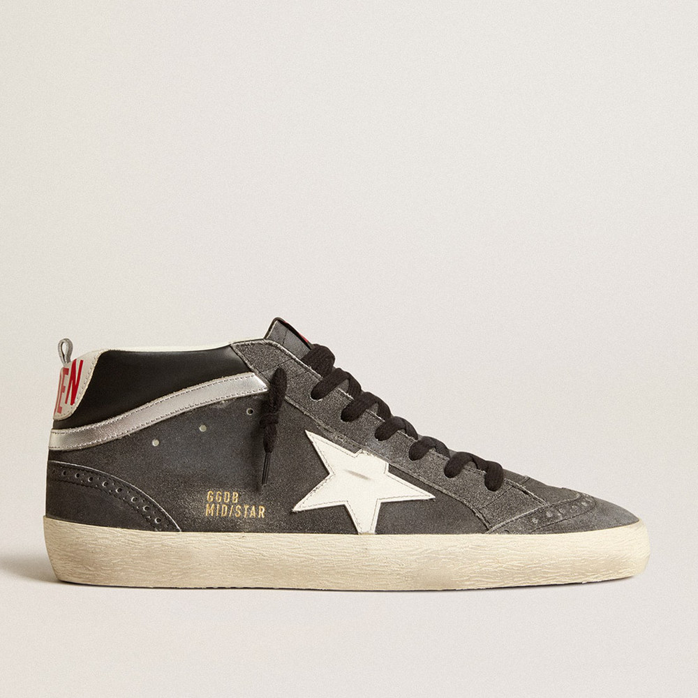 Golden Goose Mid Star Sneakers In Black Suede With White Leather Star And Silver Flash