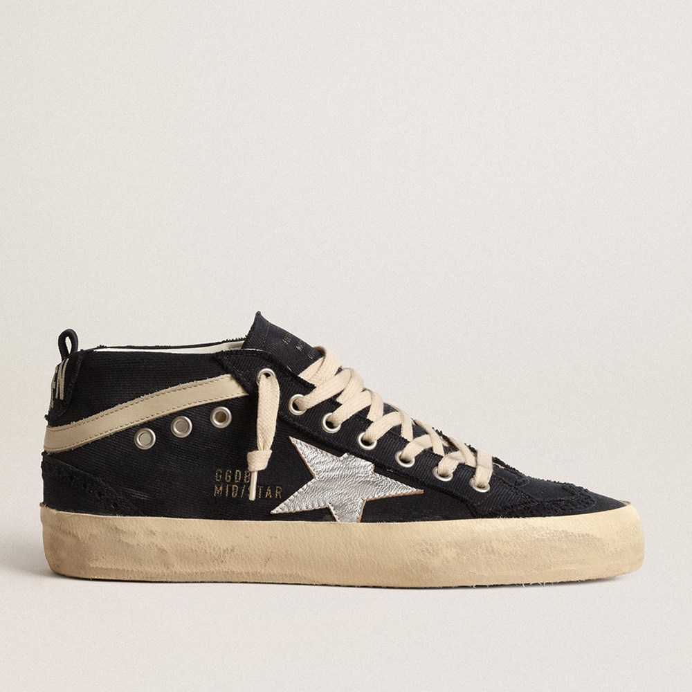 Golden Goose Mid Star Sneakers In Blue Cotton With Silver Star And Leather Flash