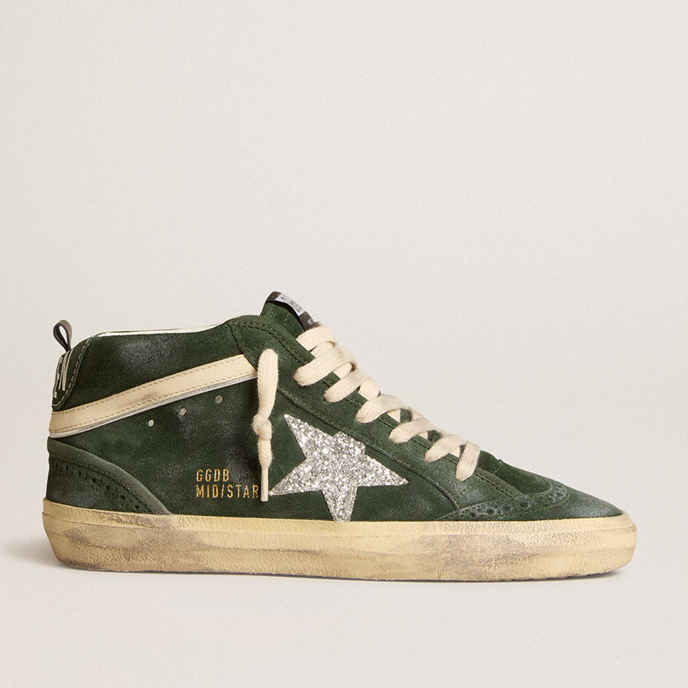 Golden Goose Mid Star Sneakers In Green Suede With Silver Glitter Star And Leather Flash