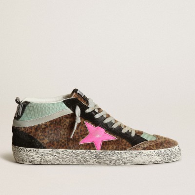 Golden Goose Mid Star Sneakers In Leopard-print Pony Skin With Fuchsia Leather Star