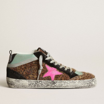 Golden Goose Mid Star Sneakers In Leopard-print Pony Skin With Fuchsia Leather Star