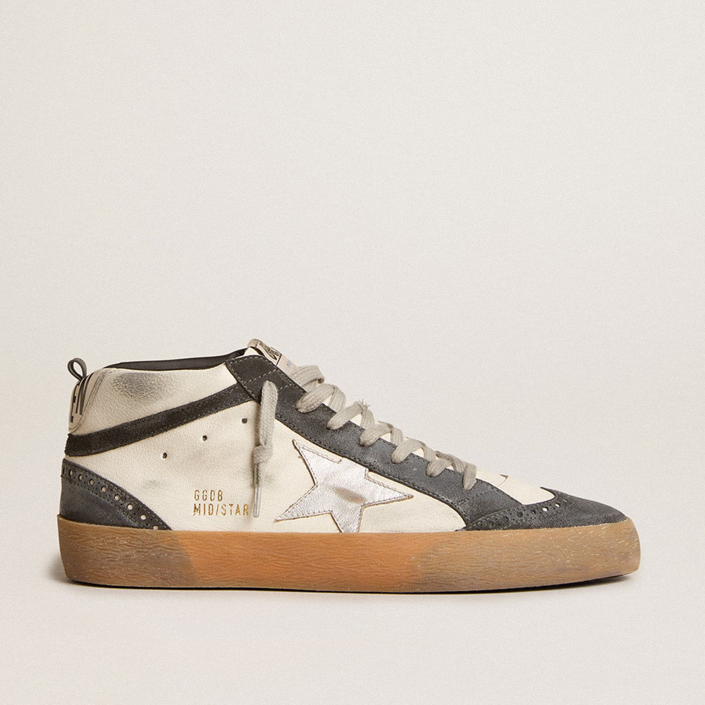 Golden Goose Mid Star Sneakers In Nappa Leather With Silver Leather Star And Black Suede Flash