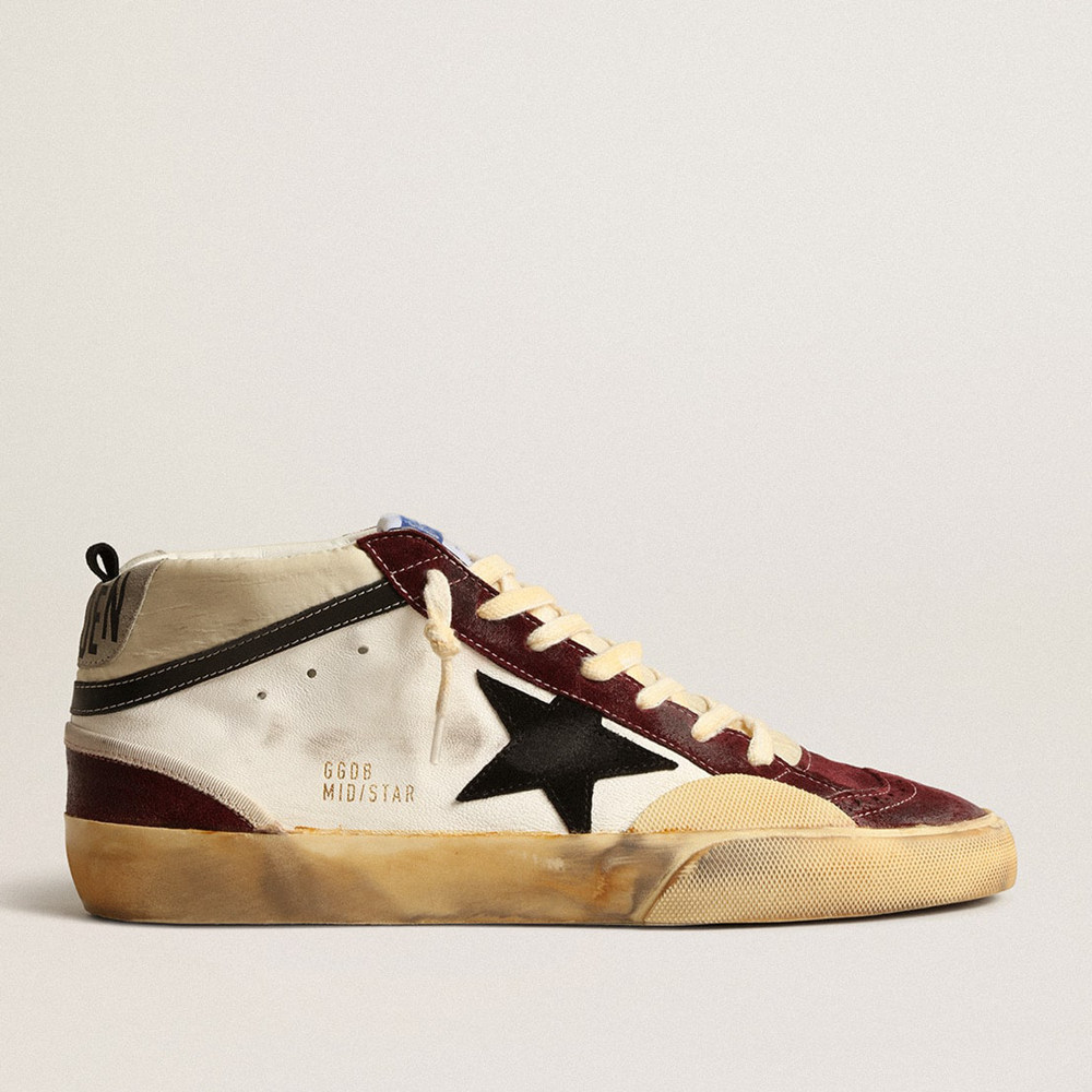 Golden Goose Mid Star Sneakers In Nappa With Black Suede Star And Wine-red Inserts