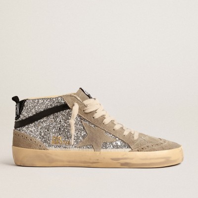 Golden Goose Mid Star Sneakers In Silver Glitter With Suede Star And Black Flash