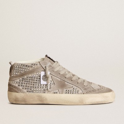 Golden Goose Mid Star Sneakers In Silver Suede With Swarovski Crystals And Suede Star