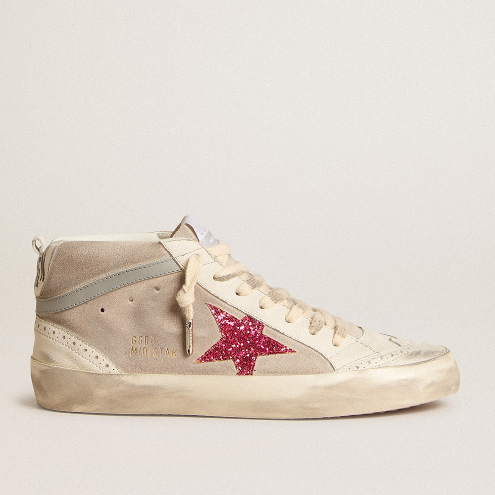 Golden Goose Mid Star Sneakers In Suede With Fuchsia Glitter Star And Gray Leather Flash