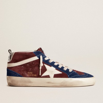 Golden Goose Mid Star Sneakers In Wine-red Suede With White Nappa Star And Flash