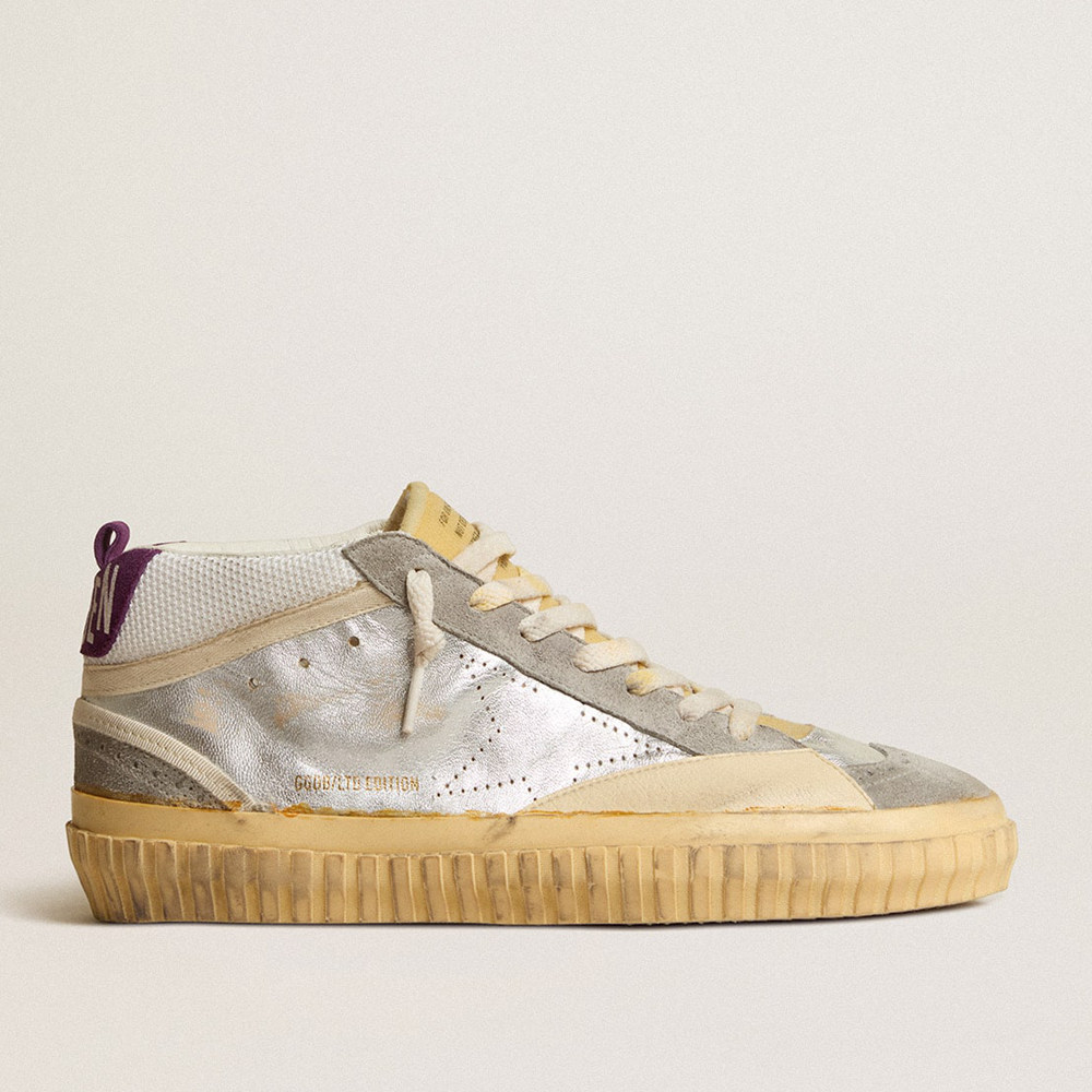 Golden Goose Mid Star Sneakers LAB In Silver Metallic Leather And Mesh With Perforated Star